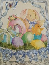 Easter Basket Bunny Chick Colored Eggs Butterfly Blue Ribbon Greeting Card