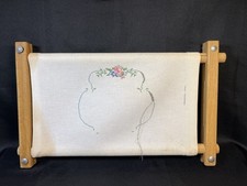 Vtg Needlepoint in Progress 14.75x9.2" Wood Embroidery Frame Scroll Lap Tapestry