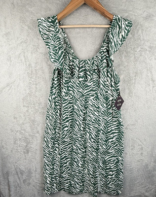 Ava & Viv Dress Womens 2XL Green Zebra Print Smocked Bodice Ruffle Sleeve NWT