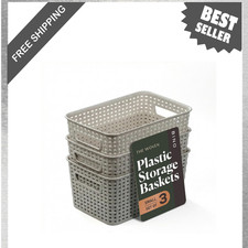 Plastic Storage Baskets 5.5 Liter Woven Style 3 Pack Natural Grey Organizer