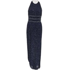 Vintage 80's Beaded Silk Maxi  Gown Dress Navy Blue M