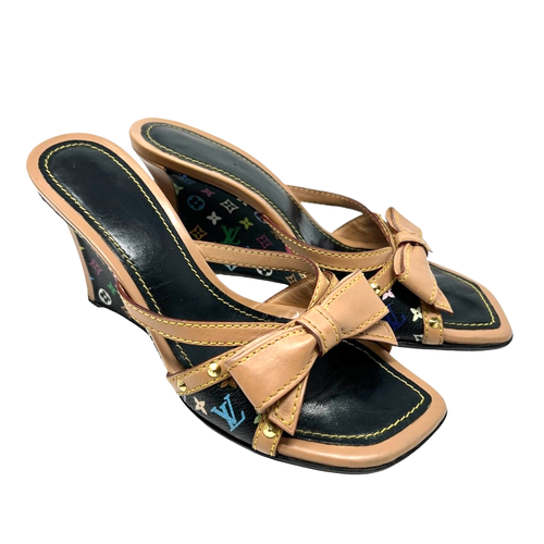 LOUIS VUITTON Vintage LV Multicolor Monogram Sandals #36.5 Wedge Sole Black