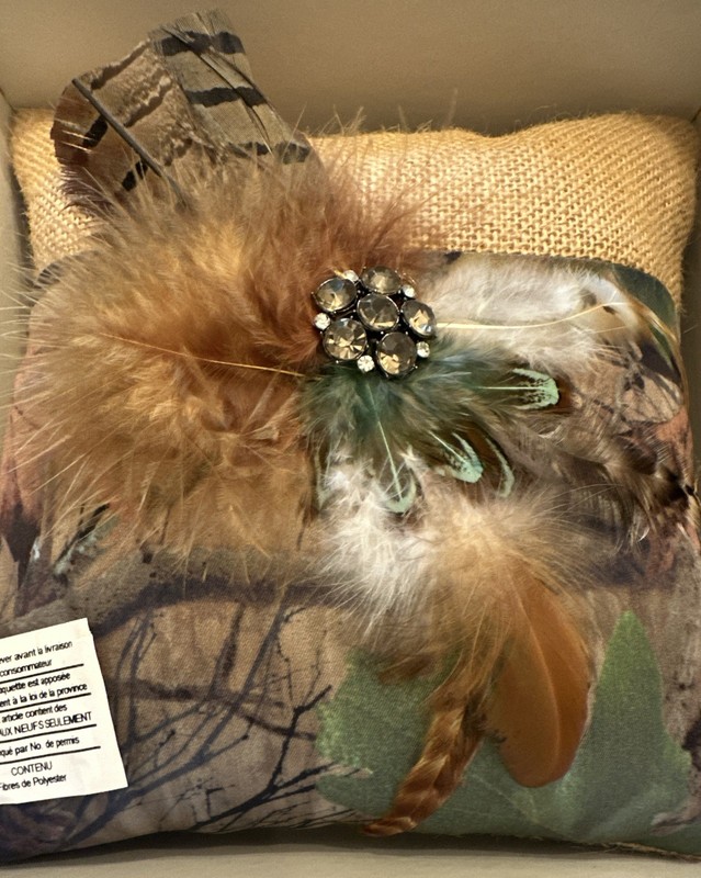 Lillian Rose-Camouflage Ring Bearer Pillow Never Used, Open Box 8” With Feathers