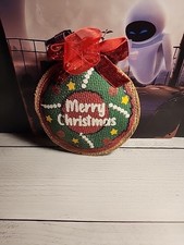 Vintage Handcrafted Christmas Tree Ornament Burlap Needlepoint Merry Christmas