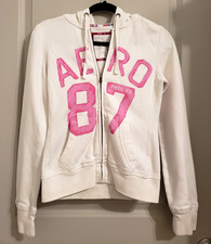 Aeropostale Womens White Hoodie Sweatshirt Long Sleeve Full Zip Size Medium M