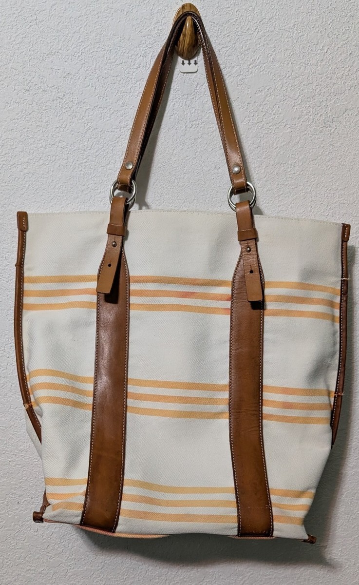 BURBERRY BLUE LABEL Tote Bag Striped Canvas White And Orange