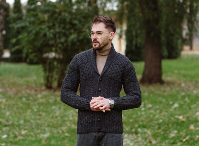 SAOL Aran Irish Fisherman Shawl Cardigan Men's Merino Wool Cable