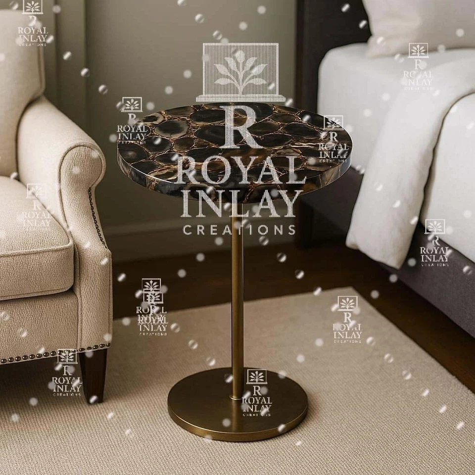 Luxury Black Agate Round Table | Handmade Gilded Copper Vein Stone Accent - Image 4 of 4