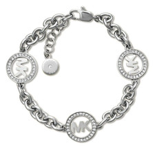 MICHAEL KORS Fulton Logo Silver Steel Chain Bracelet Crystals MKJ4730040 +MK BOX