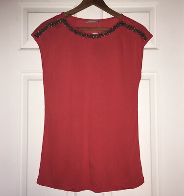 NEW ORSAY BEADED BLOUSE BOAT NECK SLEEVELESS SHELL TANK TOP COTTON TEE RED XS 0
