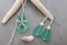 Hawaiian Jewelry Sea Glass Set, Aquamarine Necklace Earrings Jewelry Set, Pearl