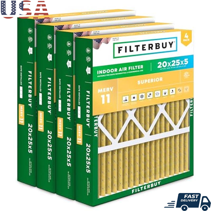 20x25x5 MERV 11 HVAC Pleated Air Filter 4-Pack for Allergen Defense