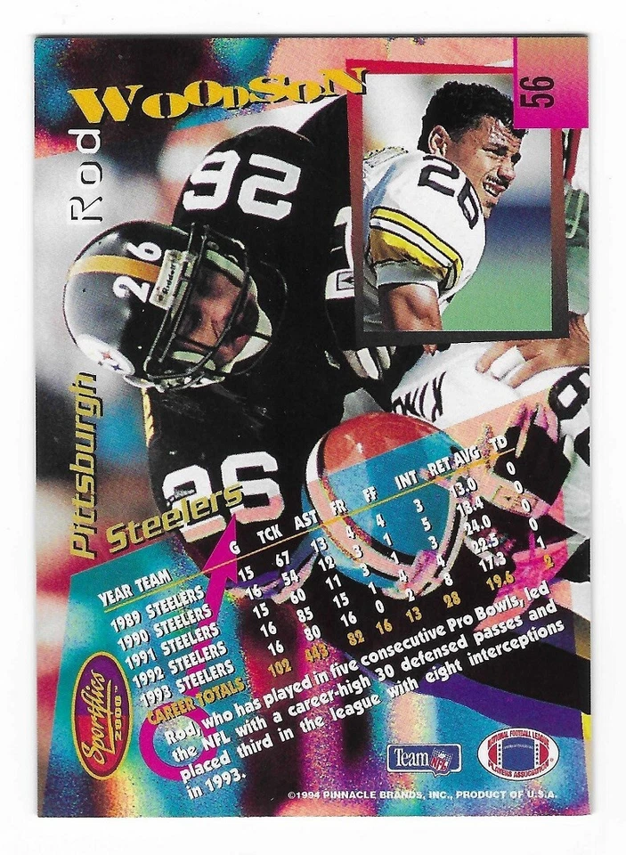 ROD WOODSON 1994 Sportflics Football # 56 Pittsburgh Steelers HOF NM - MT - Image 2 of 2