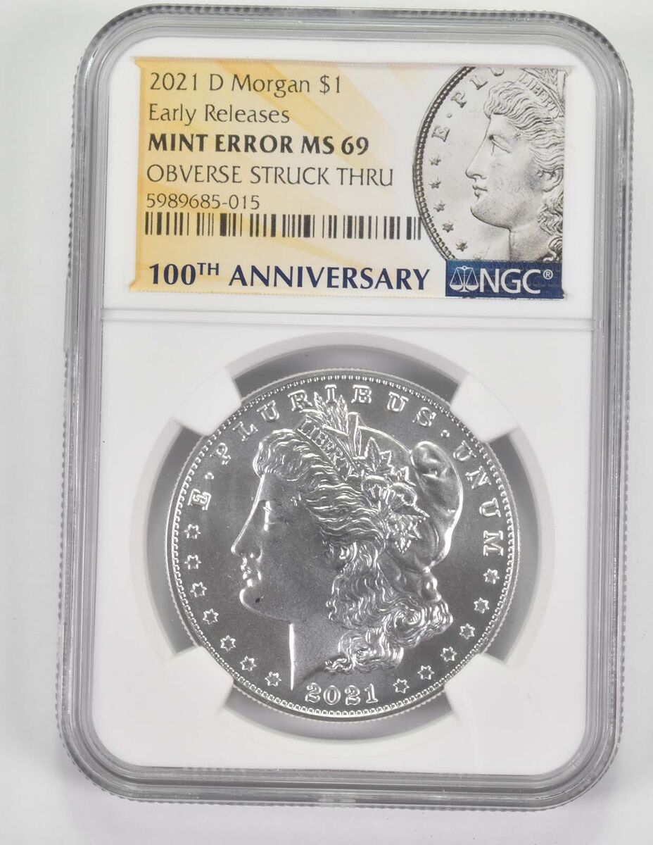 Error MS69 2021-D Morgan Silver Dollar OBV Struck Thru Early Error MS69 2021-D Morgan Silver Dollar OBV Struck Thru Early