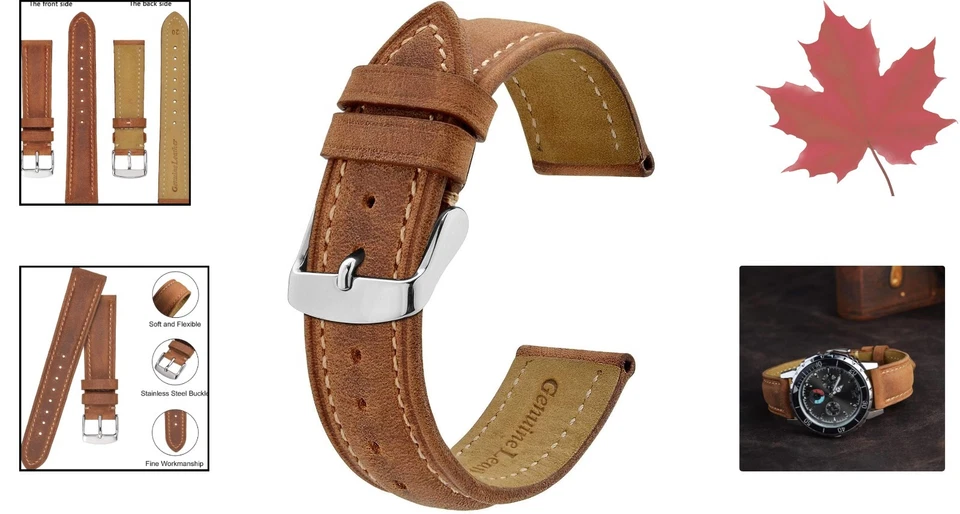 Correa de reloj retro de cuero Crazy Horse envejecida - cómoda - hebilla de acero Foto 2 de 4