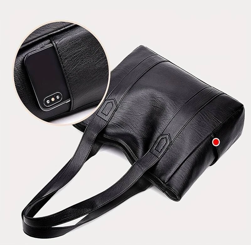 Women's Large Black PU Leather Minimalist Classic Shoulder Tote Bag Handbag Work - Image 4 of 4