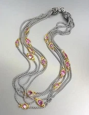 GORGEOUS Silver Box Chain Cables Pink CZ Crystals 5 Strands Magnetic Necklace