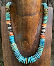 Sterling Silver Graduated Blue Green Turquoise Spiny Bead Necklace. 18 inch