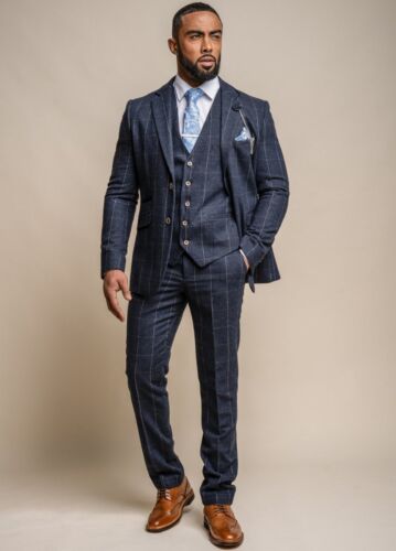 Męski 3-częściowy garnitur w kratę niebieski tweed wełna slim fit formalny garnitur ślubny - Zdjęcie 1 z 8