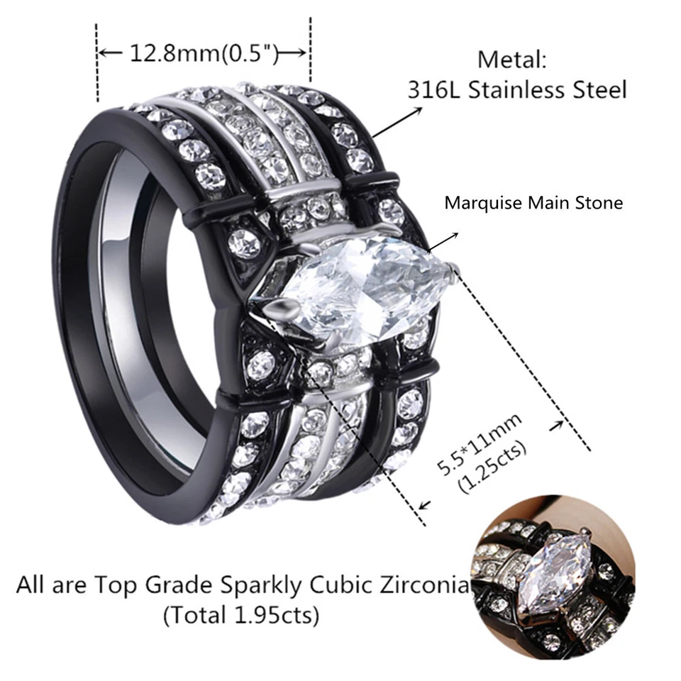 Juego de anillos de boda de acero inoxidable negro con circonita cúbica corte marquesa de 2,50 quilates para mujer talla 5-11 Foto 4 de 4