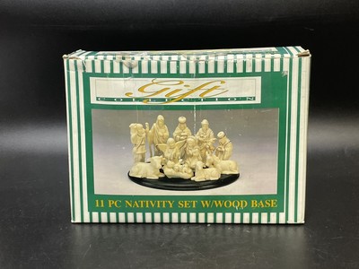 Nativity Scene w/Wood Base, 11-PC Porcelain Set, Gold Trim Accents Christmas 