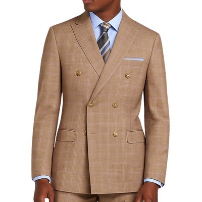 BIG & TALL Men's Tan Glen Plaid Double-Breasted Reg-Fit Suit w/ Adj Waist NWT