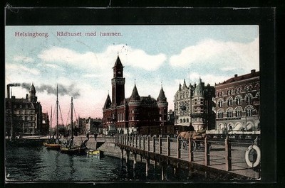 Helsingborg, Radhuset med hamnen, postcard 1909