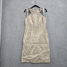 Ann Taylor LOFT Women Dress 2 Brown Cotton Linen Sheath Sequin Beaded