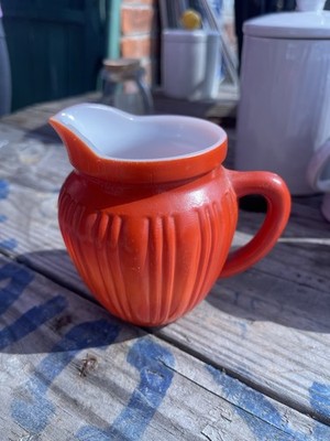1940s Hazel Atlas Red Orange Milk Glass Apple Juice Pitcher