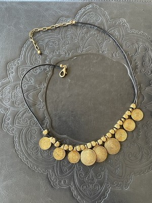 Brass Circles Statement Necklace with Adjustable Brown Leather Cord 19 Inches