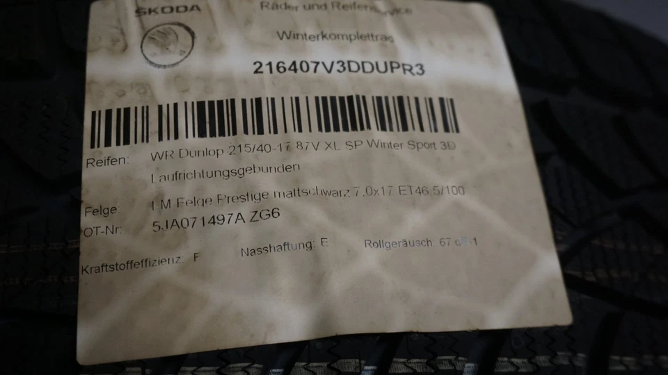 1 Satz DunlopWinterräder für Skoda Fabia III / Rapid, 215/40 R17 87V ungefahren - Bild 4 von 4