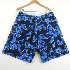 Quiksilver Board Shorts Men 34 Blue Navy White Hibiscus Floral Surf Swim Pocket