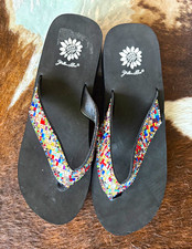 Yellow Box Women s Black Wedge Thong Sandals Beaded Rhinestone US 9.5