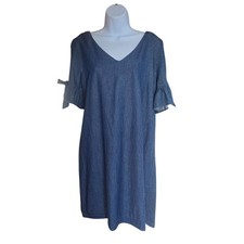 J.Crew Denim Shift Dress Womens L Blue Ruffle Tie Sleeve V-Neck Mini Casual Boho