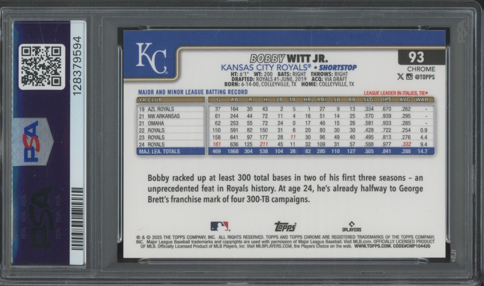 2025 Topps Chrome Red Wave Refractor #93 Bobby Witt Jr 2/5 Gem Mint PSA 10 view 2