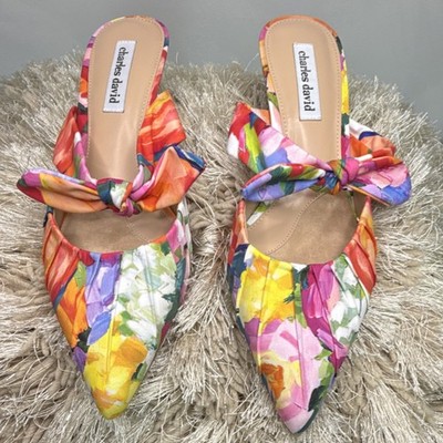 Charles David Multicolor Floral Bow Pointed Toe Mule Kitten Heel