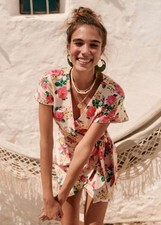 Sezane Samy Wrap Dress Cotton Beige Pink Mini Floral Roses Jersey Knit Size XS
