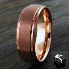 6/8mm Brown Brushed Tungsten Ring Rose Gold Plated Inside Step Edge Wedding Band