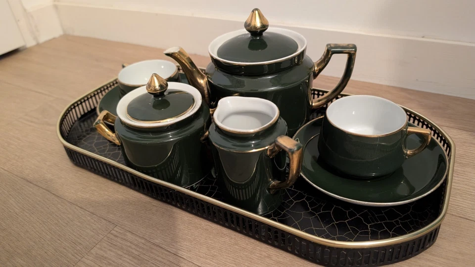 Service café/thé céramique vert doré floral avec tasses, théière, plateau - Photo 4/4