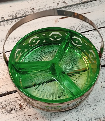 Vintage Depression Green Glass Divided Candy Nut Relish Dish w Metal Handle