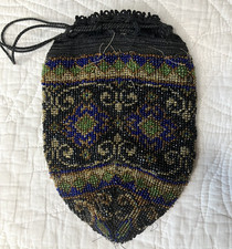 Antique Victorian Micro Beaded Drawstring Pouch Purse Geometric
