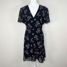 Madewell POSEY Black Floral V-Neck Short Sleeve Ruffle Faux-Wrap Dress Sz 14