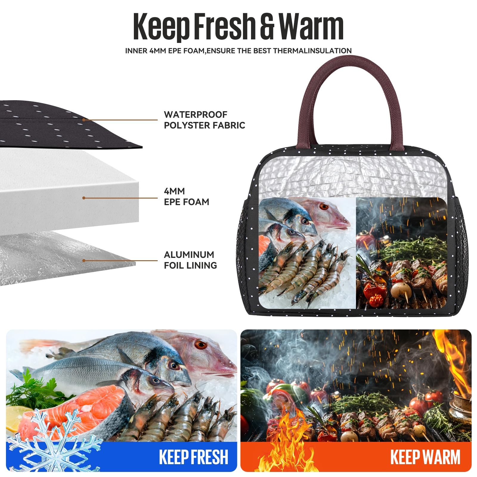 Lunch Bag Women/Men Lunch Box Women/Men (black polka dot)