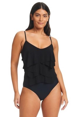 Beyond Control One-Piece Swimsuit Black Geometric Overlay, Size 14US