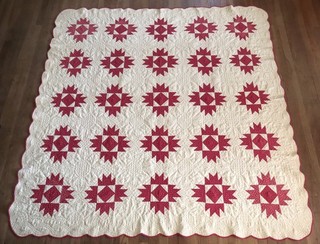 Antique 1890's Hand Stitched 9 spi Red & White Union Square Block Quilt 73 x 73