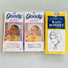 Vintage GOODY Rain Hat Hood Plastic Bonnet w Purse Pouch Lot of 3 Pink Blue NEW
