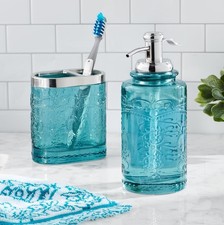 2PC Embossed Glass Bath Accessory Set Soap Dispenser and Toothbrush Holder NEW