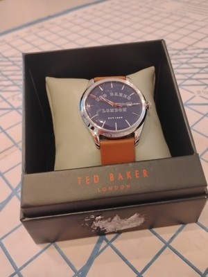 MENS TED BAKER DAY/DATE LEATHER BAND BLUE FACE WATCH - NIB