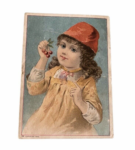Antique 1888 Girl Holding Cherries Victorian Scrapbook Card Chromolithograph