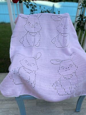 Handmade Rabbit Crochet Baby Blanket 36 X 46 Inches - Soft & Cozy, Pink & White